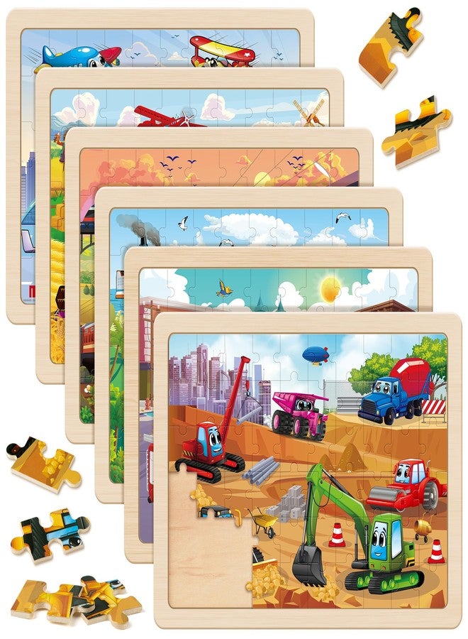 SYNARRY Wooden Vehicle Puzzles for Kids Ages 4-6, 6 Packs 60 PCs Jigsaw Puzzles Preschool Educational Toys Gifts for Children Ages 4-8, Kids Toys Gifts for 4+ Year Olds Boys Girls - Image 1